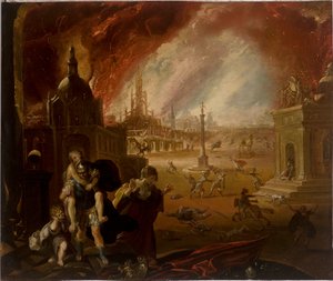 The Flight of Aeneas, with the fall of Troy beyond